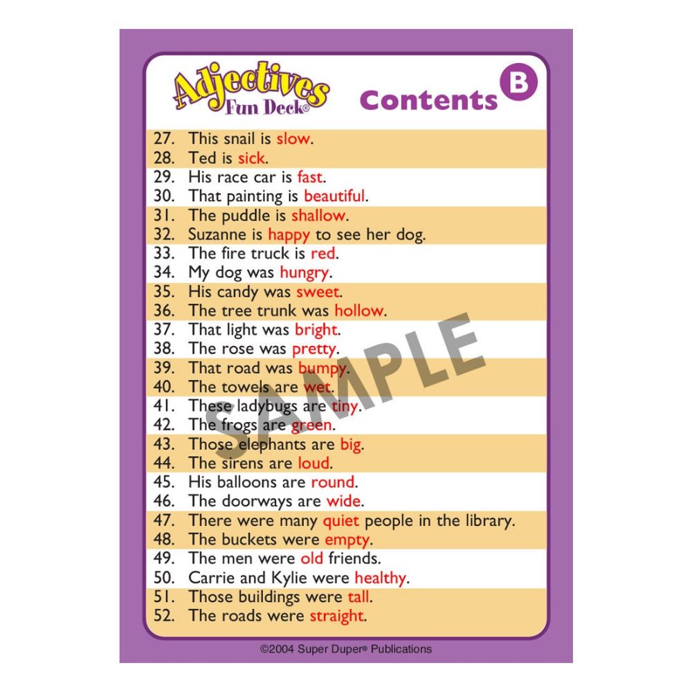 Adjectives Fun Deck, Table of Contents (B)