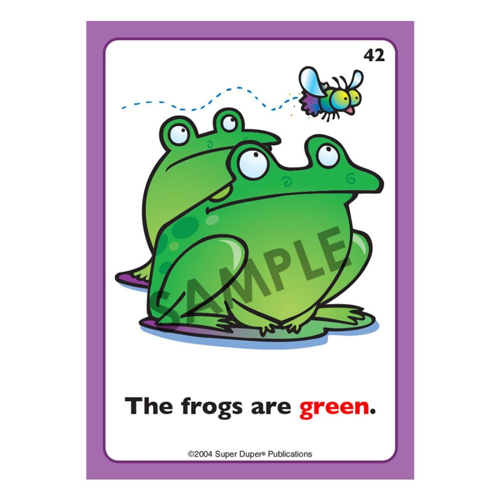 Adjectives Fun Deck, sample card illustrating two frogs to help teach the adjective "green"