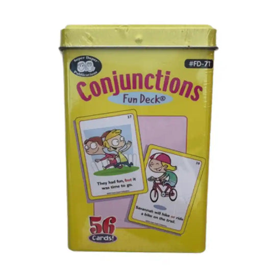 A yellow metal tin of Super Duper Conjunctions Fun Deck cards, featuring cartoon illustrations of two cards on the front, with '56 cards' printed at the bottom.