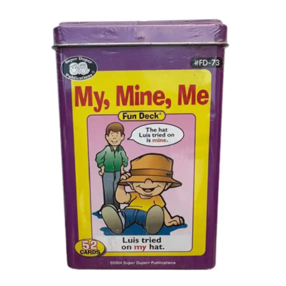 Super Duper 'My, Mine, Me' Fun Deck card box, featuring a purple container with a yellow front label and cartoon illustrations of children.