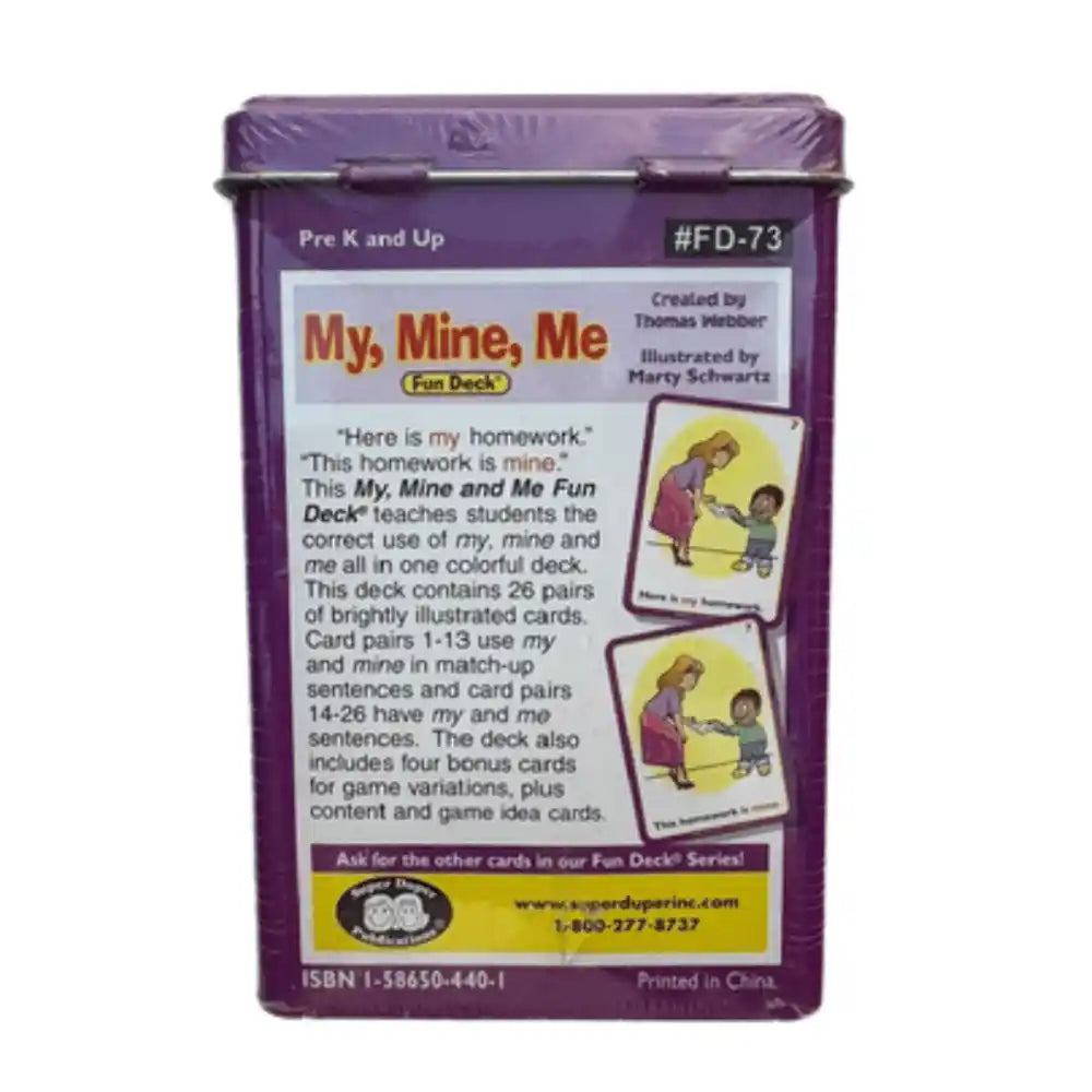 My, Mine, Me Fun Deck in a purple plastic-wrapped storage box with a white front label, photographed on a plain white background.