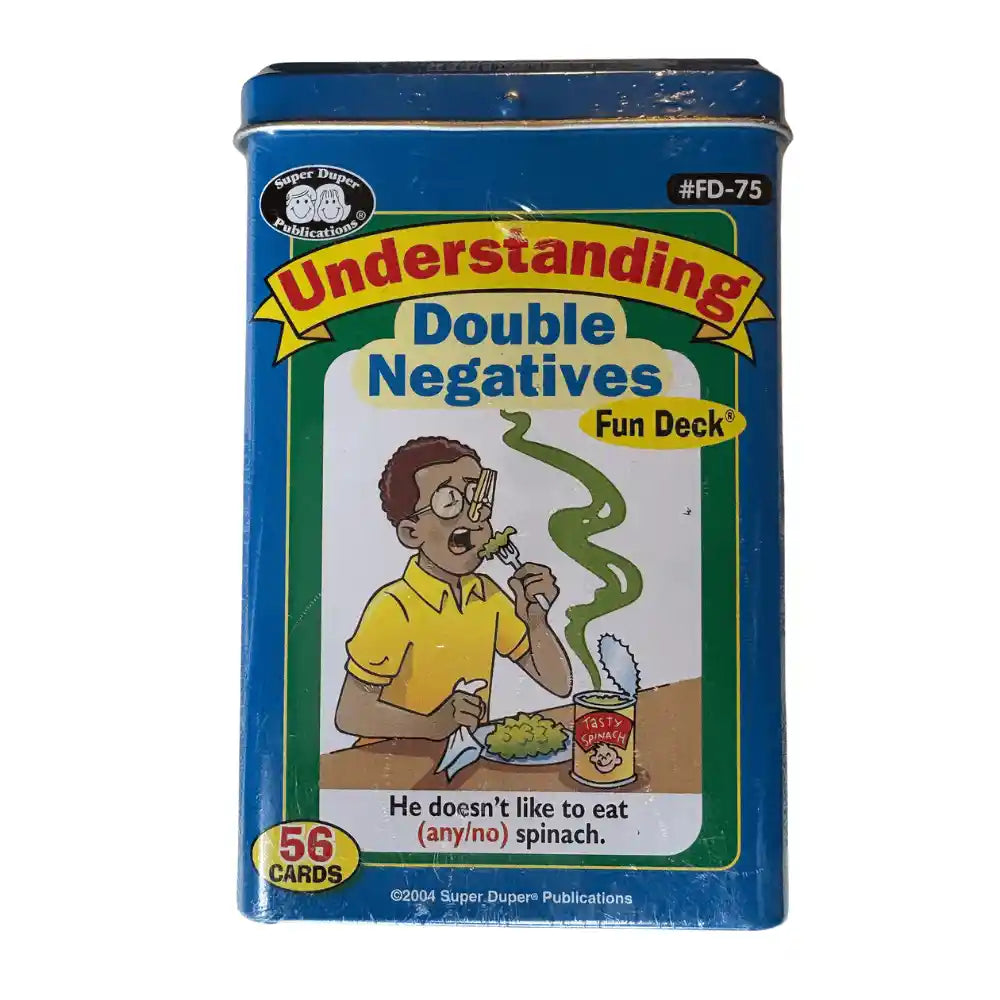 A blue metal tin of the 'Understanding Double Negatives' Fun Deck by Super Dupem Publications, featuring a colorful cartoon illustration on the front label.
