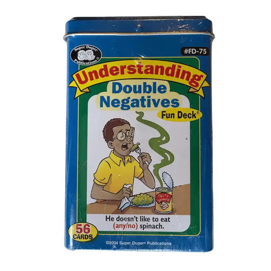 A blue metal tin of the 'Understanding Double Negatives' Fun Deck by Super Dupem Publications, featuring a colorful cartoon illustration on the front label.