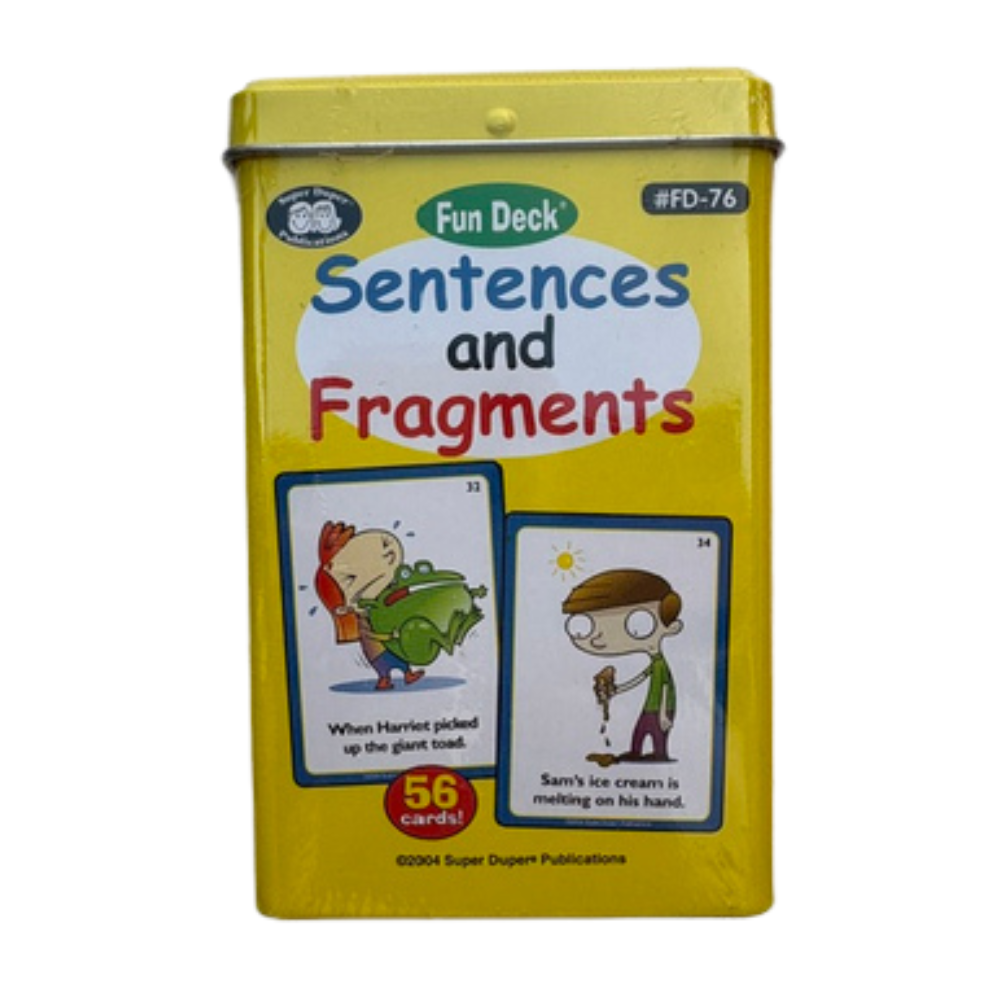 A yellow metal tin of Fun Deck 'Sentences and Fragments' card game, featuring cartoon illustrations and text indicating 56 cards, on a plain white background.