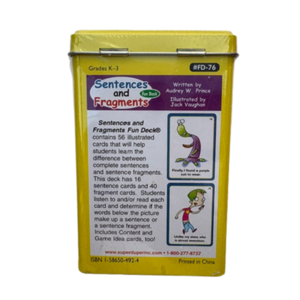 Sentences and Fragments Fun Deck in a yellow plastic storage container with a clear lid, showing the front cover with product details and sample illustrations.
