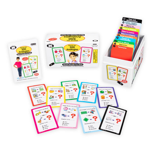 Educational card games and packaging on a white background