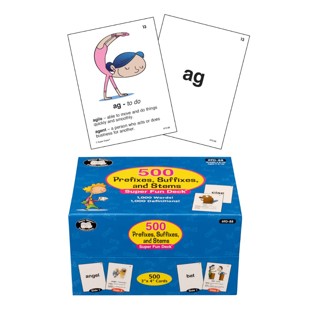 500 Prefixes, Suffixes, and Stems Super Fun Deck language development flashcards for children who struggle with grammar