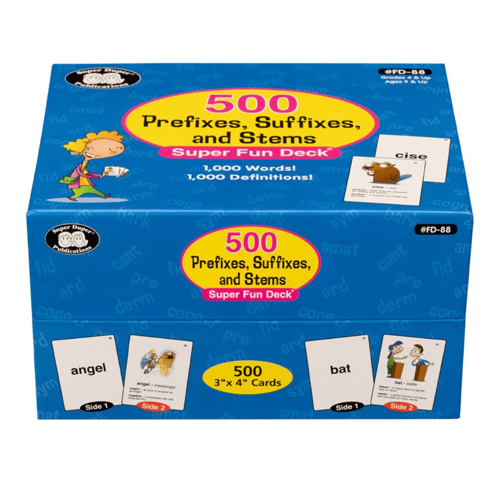 500 Prefixes, Suffixes, and Stems Super Fun Deck language development flashcards for children who struggle with grammar