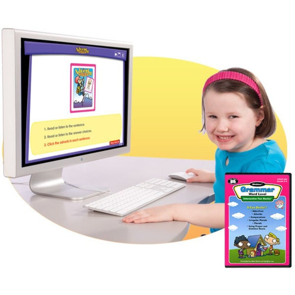 Girl in grade 1 using the Webber® Grammar Word Level CD-ROM and Interactive Fun Decks® software in a speech therapy session