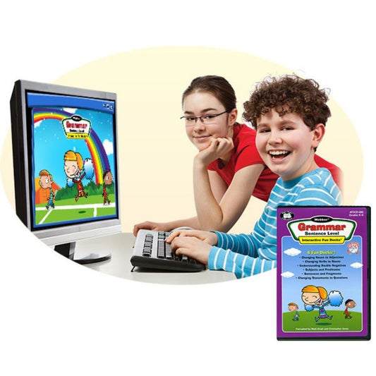 A young boy and girl using the Webber® Grammar Sentence Level CD-ROM  interactive software in a speech therapy session