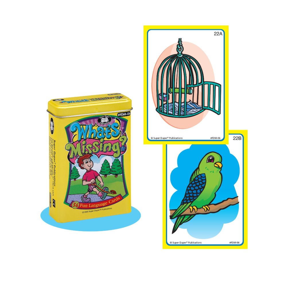 Flash cards with 'What's Missing?' game and two cards featuring a bird and a cage.