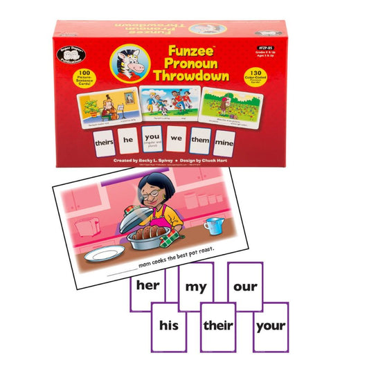 Funzee® Pronoun Throwdown Card Game, educational game that helps Speech-Language Pathologists (SLPs) teach children pronouns