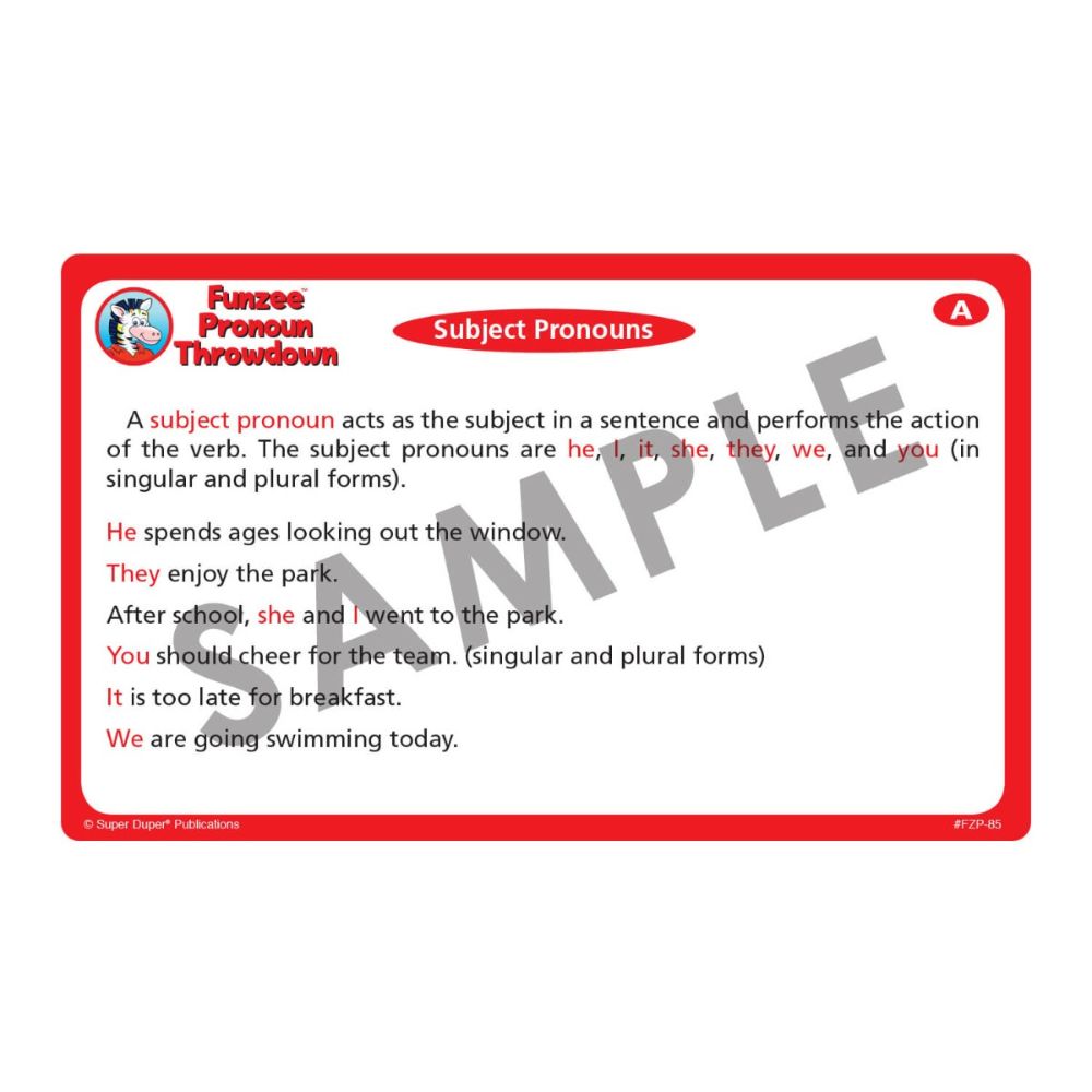Funzee® Pronoun Throwdown Card Game, Subject Pronouns prompt card