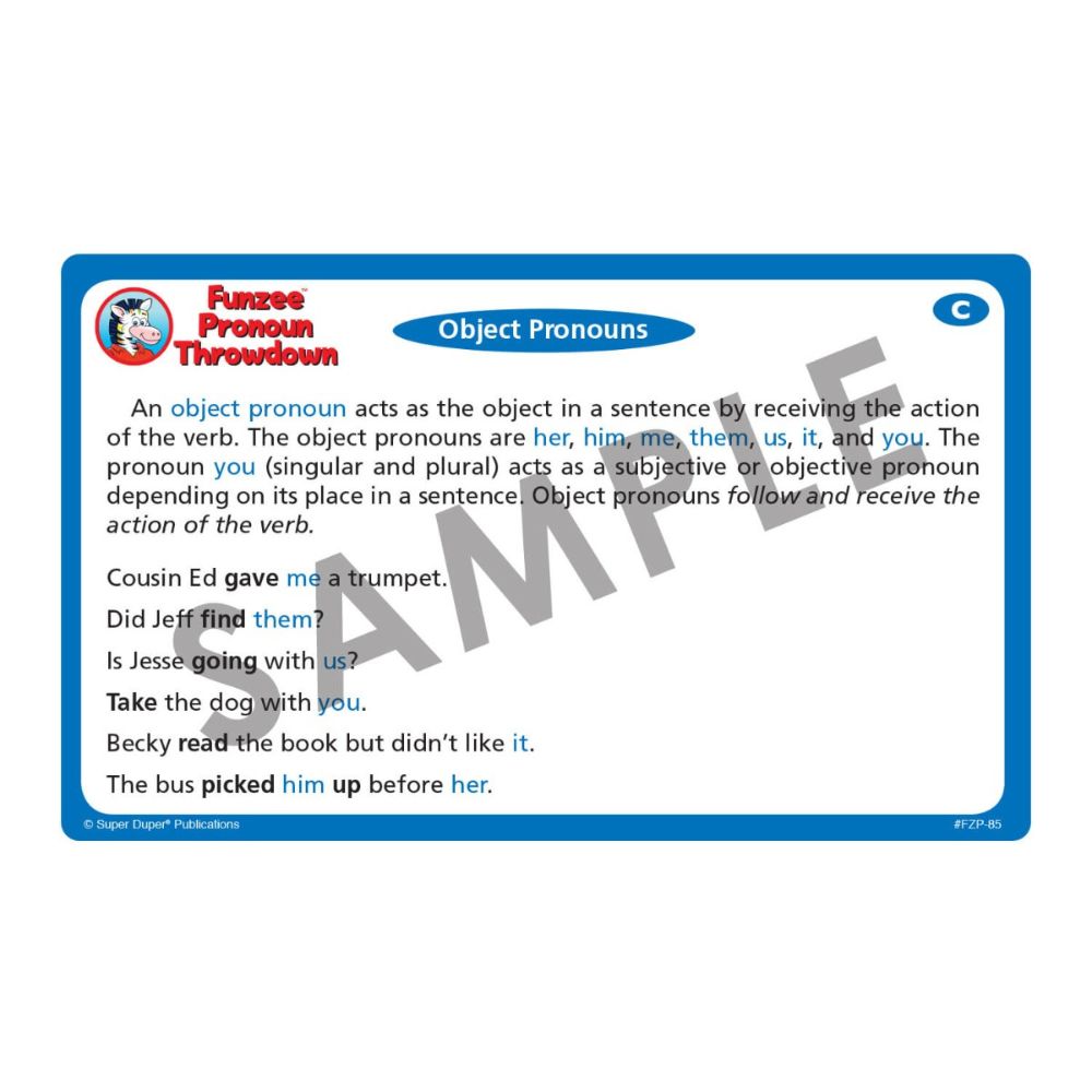 Funzee® Pronoun Throwdown Card Game, Object Pronouns prompt card