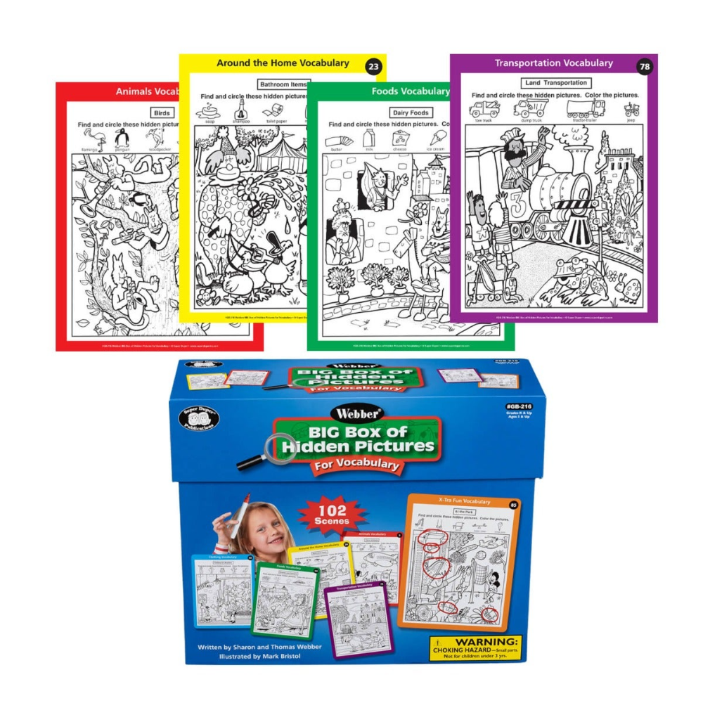 Webber Big Box of Hidden Pictures educational game with coloring sheets on a white background