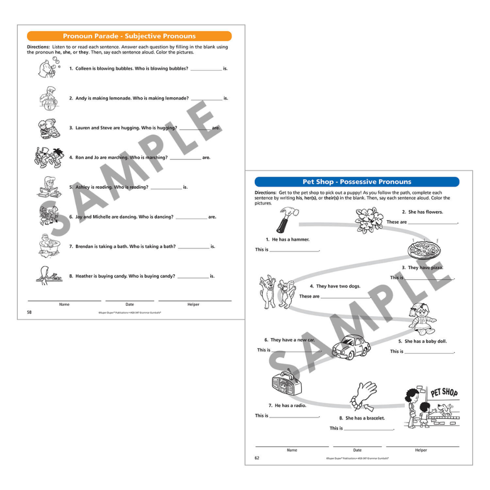 Grammar Gumballs® Board Game Pronoun Parade (Subjective Pronouns) and Pet Shop (Possessive Pronouns) sample pages