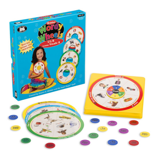 Educational toy set with colorful wheels and packaging on a white background