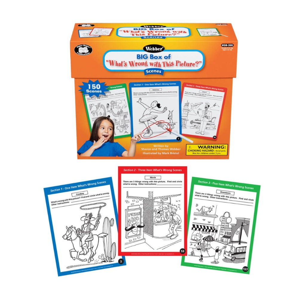 Webber's 'What's Wrong with This Picture?' educational game box with sample pages displayed.