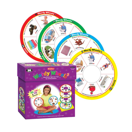 Set of colorful 'Wordy Wheels' educational tools with a purple box on a white background