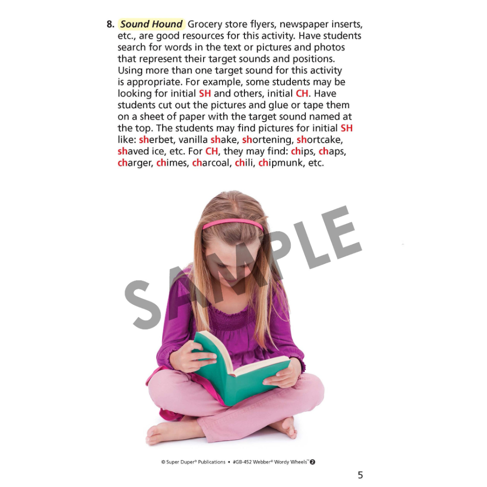 Young girl reading a book with text about using Sound Hound resources for educational activities.