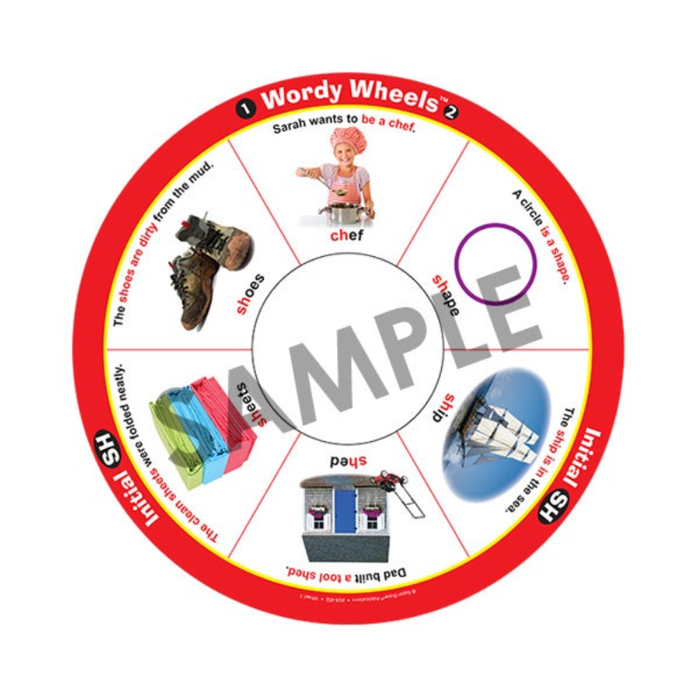 Round educational tool with images and text for teaching vocabulary, labeled 'Wordy Wheels'.