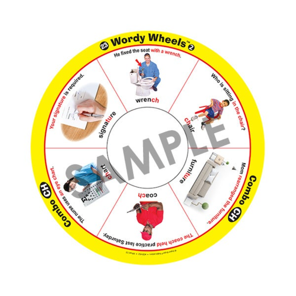 Round educational tool with images and text on a white background