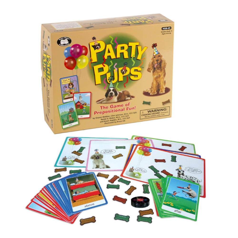 Board game packaging for 'Party Pups' with cards and pieces displayed in front.
