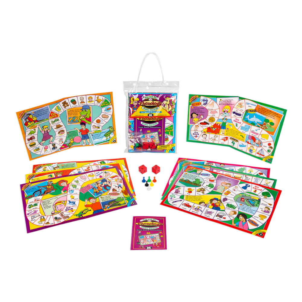 Collection of colorful board games and game components on a white background