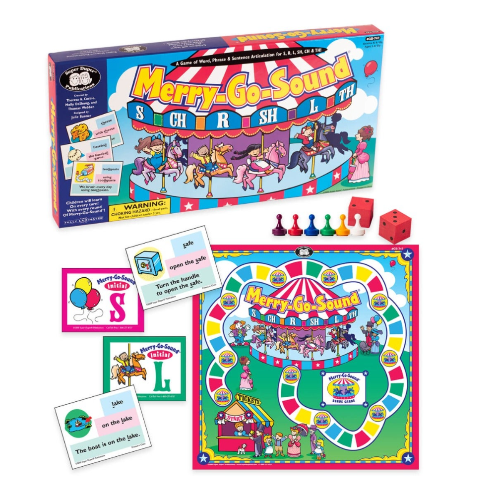 Merry Go Sound board game set with colourful components and box on a white background