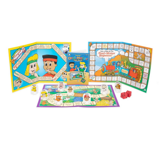 Children's board game with colorful components on a white background
