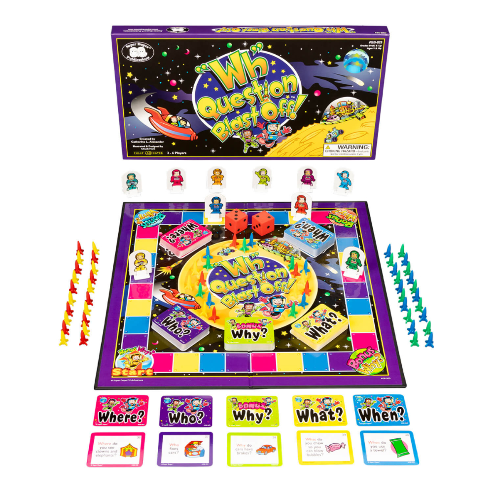 Board game set with colorful board, cards, and packaging on a white background