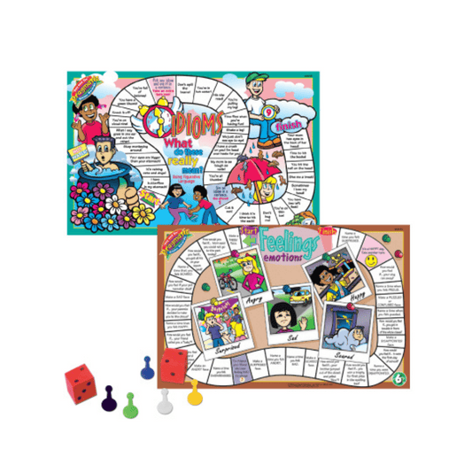 two educational board games, with two die, and colourful pawns that helps Speech-Language Pathologists (SLPs) teach children social communication skills