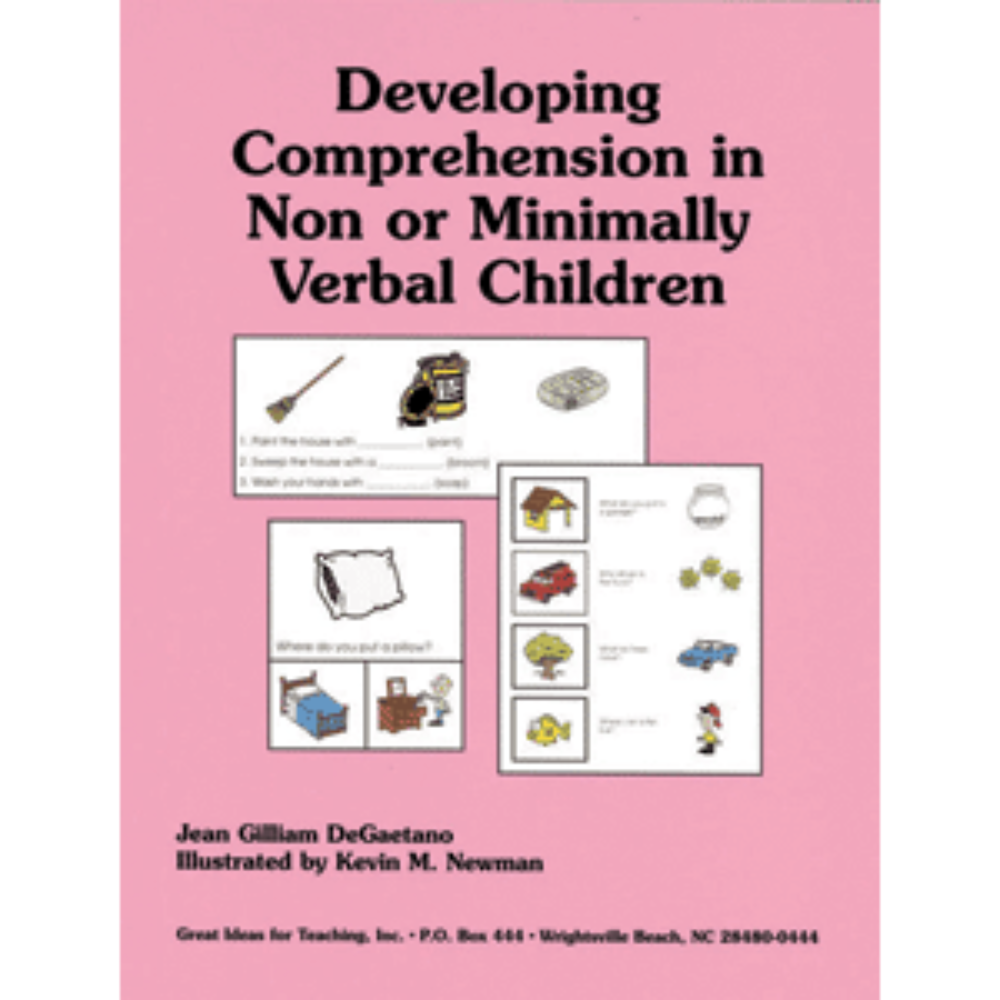 Book cover of 'Developing Comprehension in Non or Minimally Verbal Children' with illustrations on a pink background.