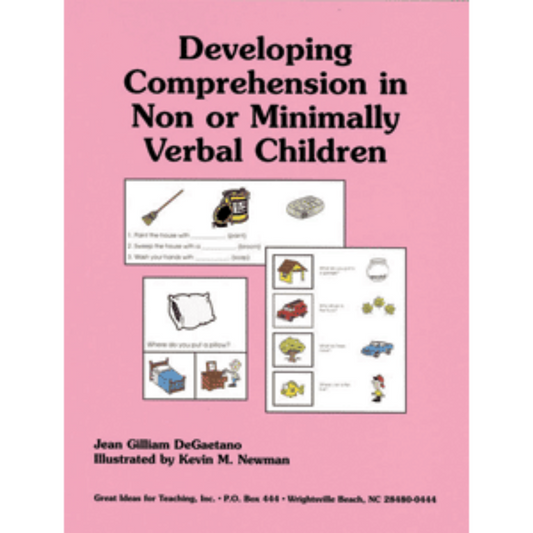 Book cover of 'Developing Comprehension in Non or Minimally Verbal Children' with illustrations on a pink background.