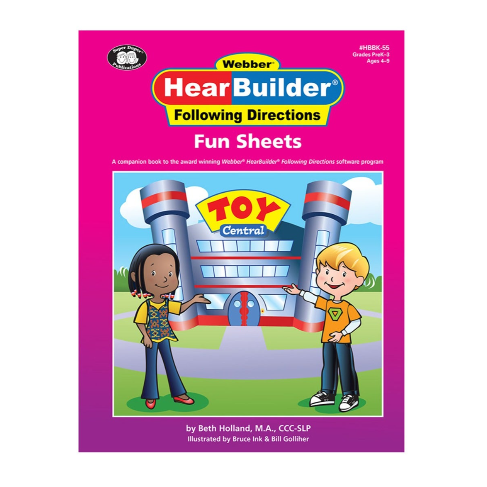 Book cover of 'Webber HearBuilder Following Directions Fun Sheets' with cartoon characters and 'Toy Central' building.