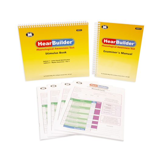 HearBuilder Phonological Awareness Test materials including a stimulus book and examiner's manual on a white background.