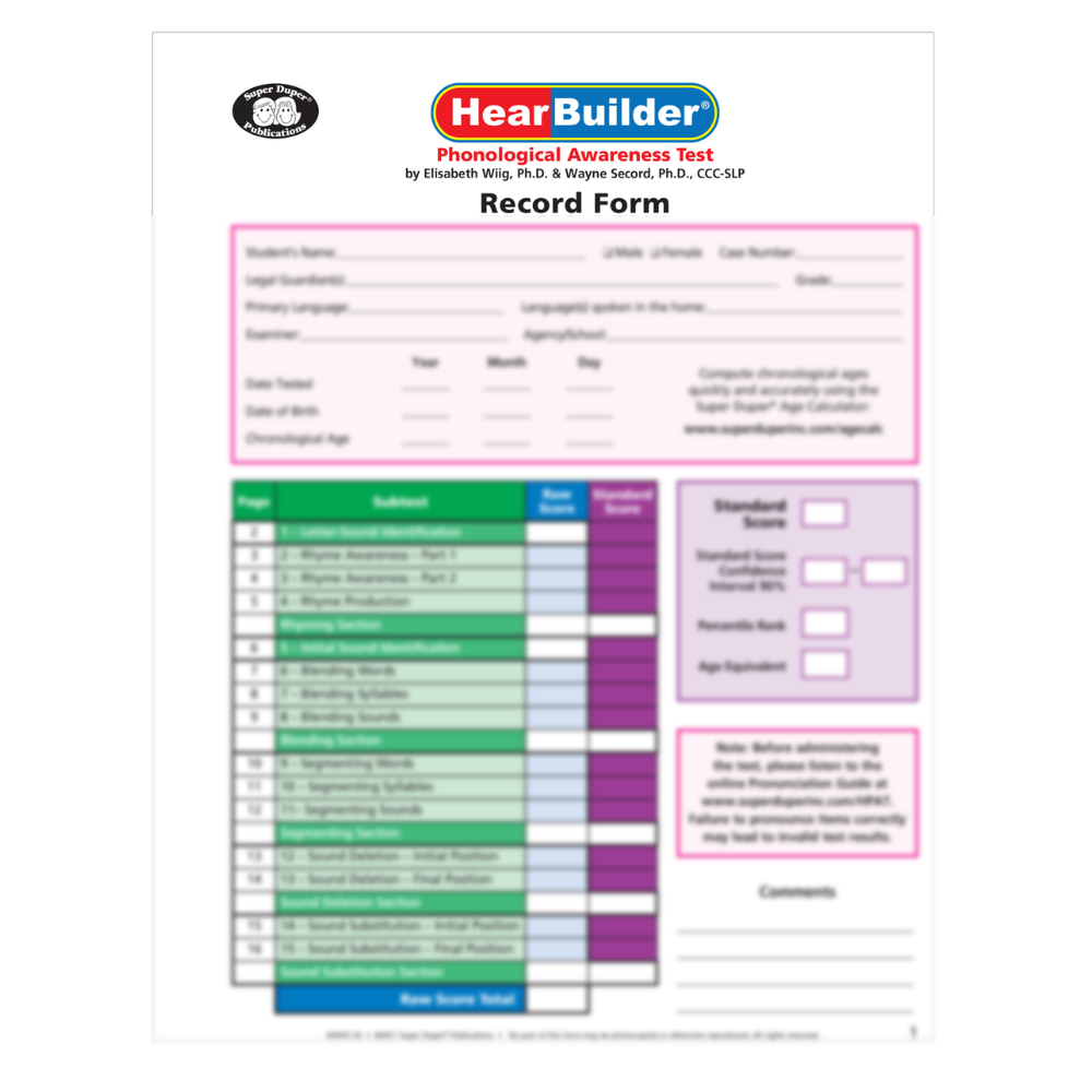 Record form for HearBuilder Phonological Awareness Test with colorful sections on a white background