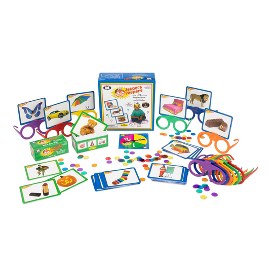 Educational game set with cards, glasses, and colorful components on a white background