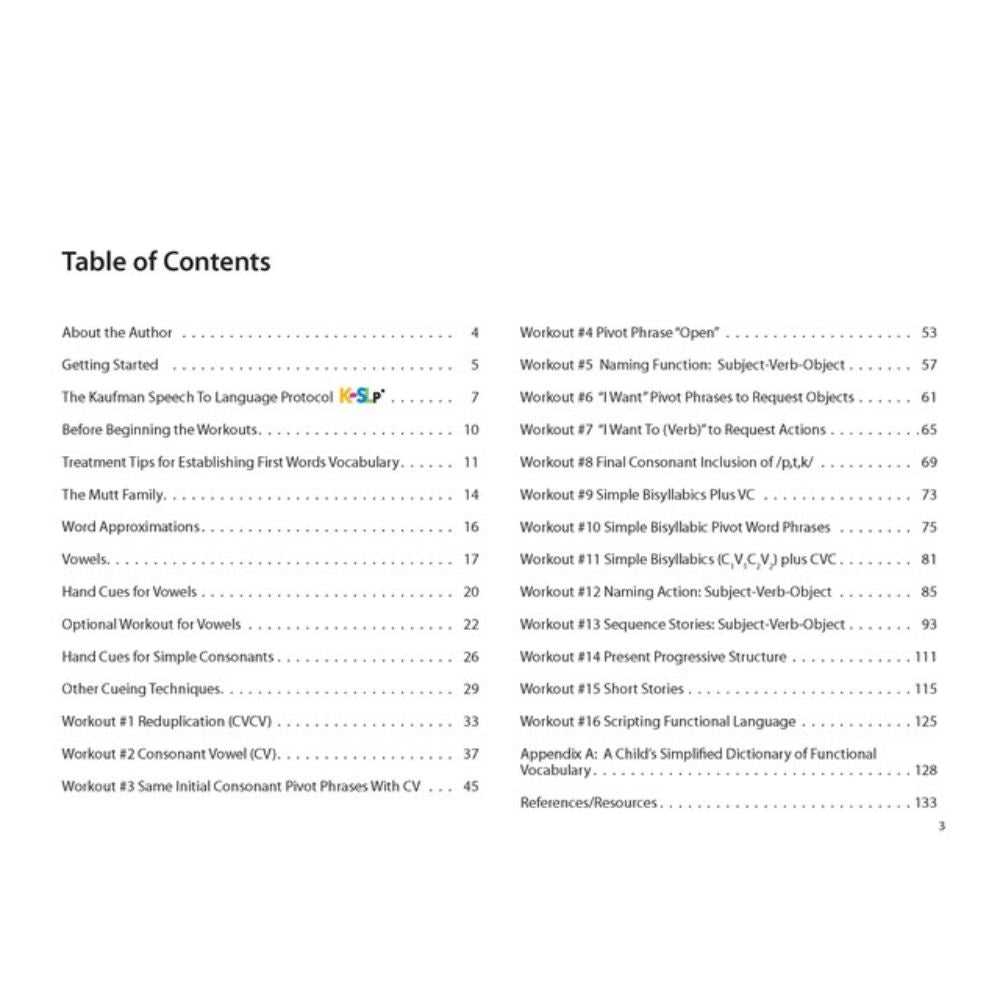 Table of Contents of Kaufman (K-SLP) Workout Book (Third Edition)