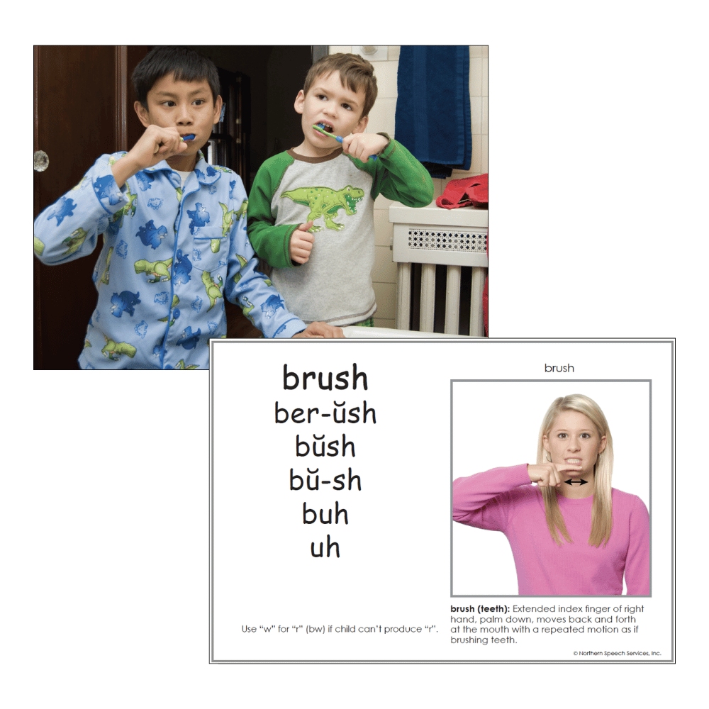 Two children brushing their teeth with a definition of the word 'brush' displayed below.