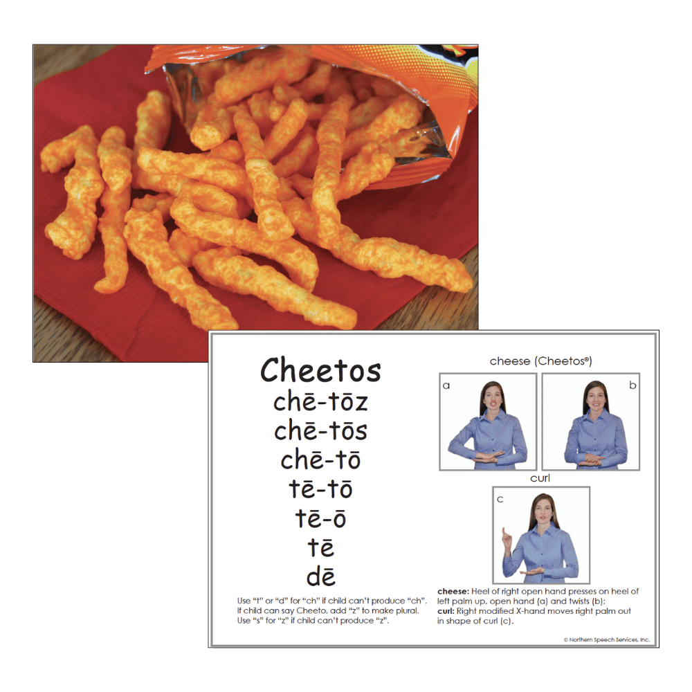 Cheetos snack on a red napkin with text and images of a person pronouncing 'Cheetos'.