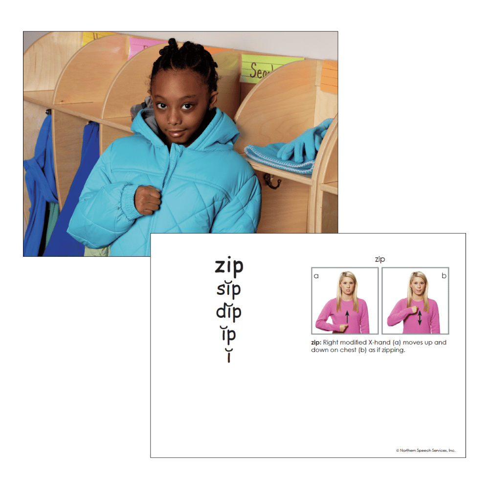 Child in a blue coat with educational text and graphics about the sound 'zip' on a white background.
