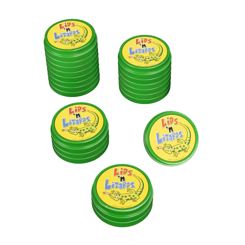 Stacks of green containers labelled 'Lids 'n Lizards' on a white background