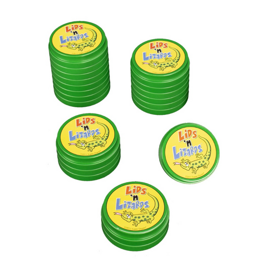 Stacks of green containers labelled 'Lids 'n Lizards' on a white background