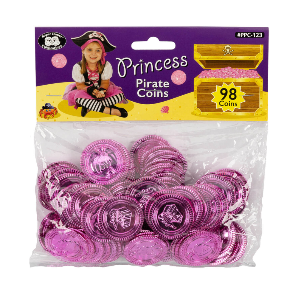 Pink pirate coins in a clear package with a purple label featuring a girl in a pirate costume.