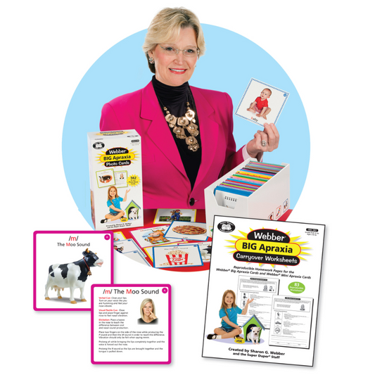 Woman in a pink blazer with educational materials and products on a white background