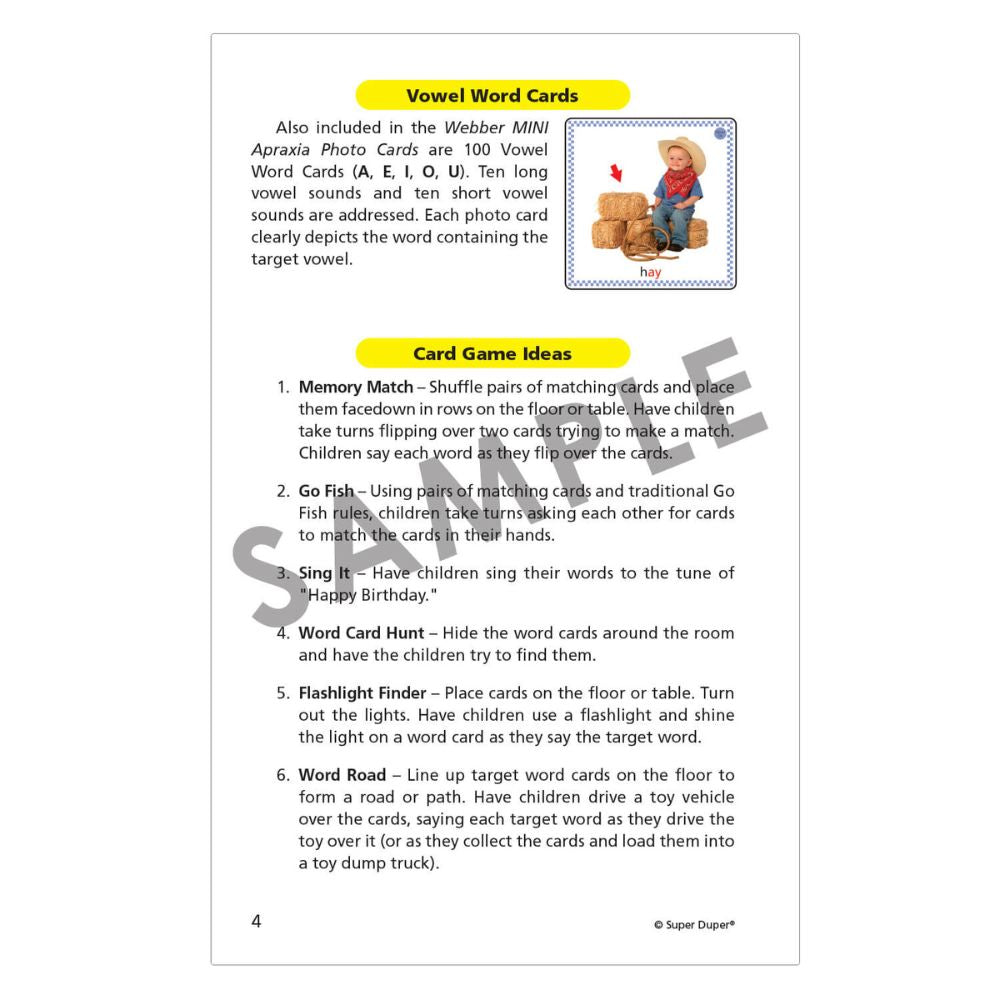 Sample page from Webber MINI Apraxia Photo Cards with Card Game Ideas