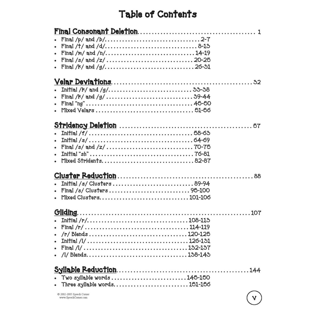 Phono Bingo Table of Contents