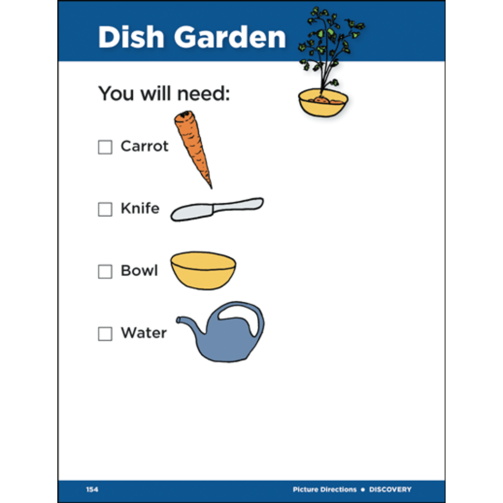 Materials list for how to make a carrot dish garden (carrot, knife, bowl, and water)