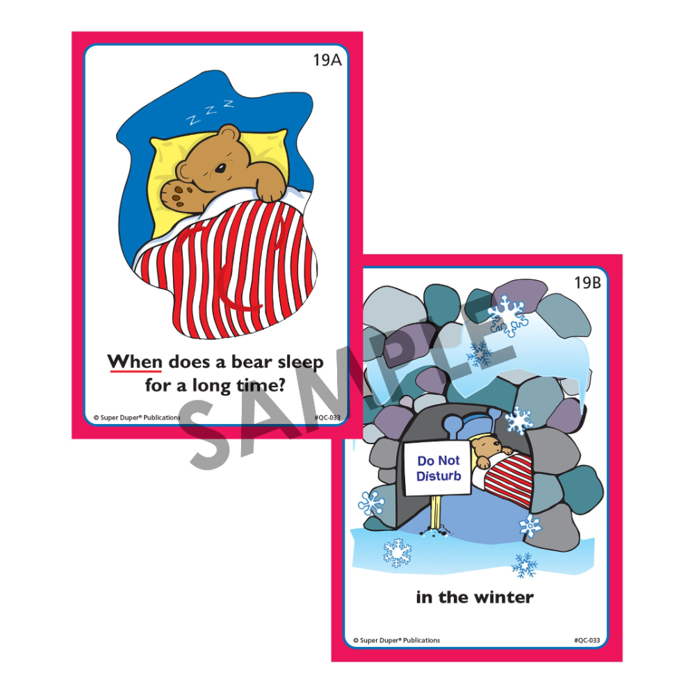 Two educational cards featuring a bear in bed and rocks with snowflakes, labeled 'Do Not Disturb' and 'in the winter'.